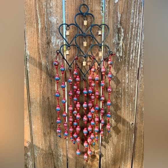 Diamond Shaped Heart Wind Chimes Hand Painted Burgundy Red Blue Porcelain Beads - Picture 3 of 4